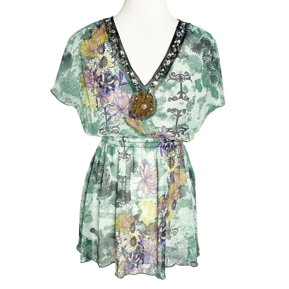 Mushka By Sienna Rose Y2K Sheer Beaded Gypsy Boho Colorful Babydoll‎ Top Medium